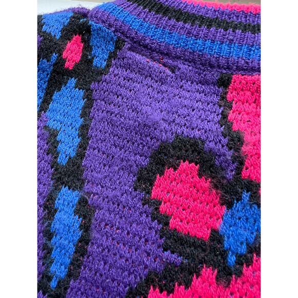 Vintage Abstract Flower Art Pattern Knit Sweater M Contemporary Purple Pink Blue - Picture 10 of 12